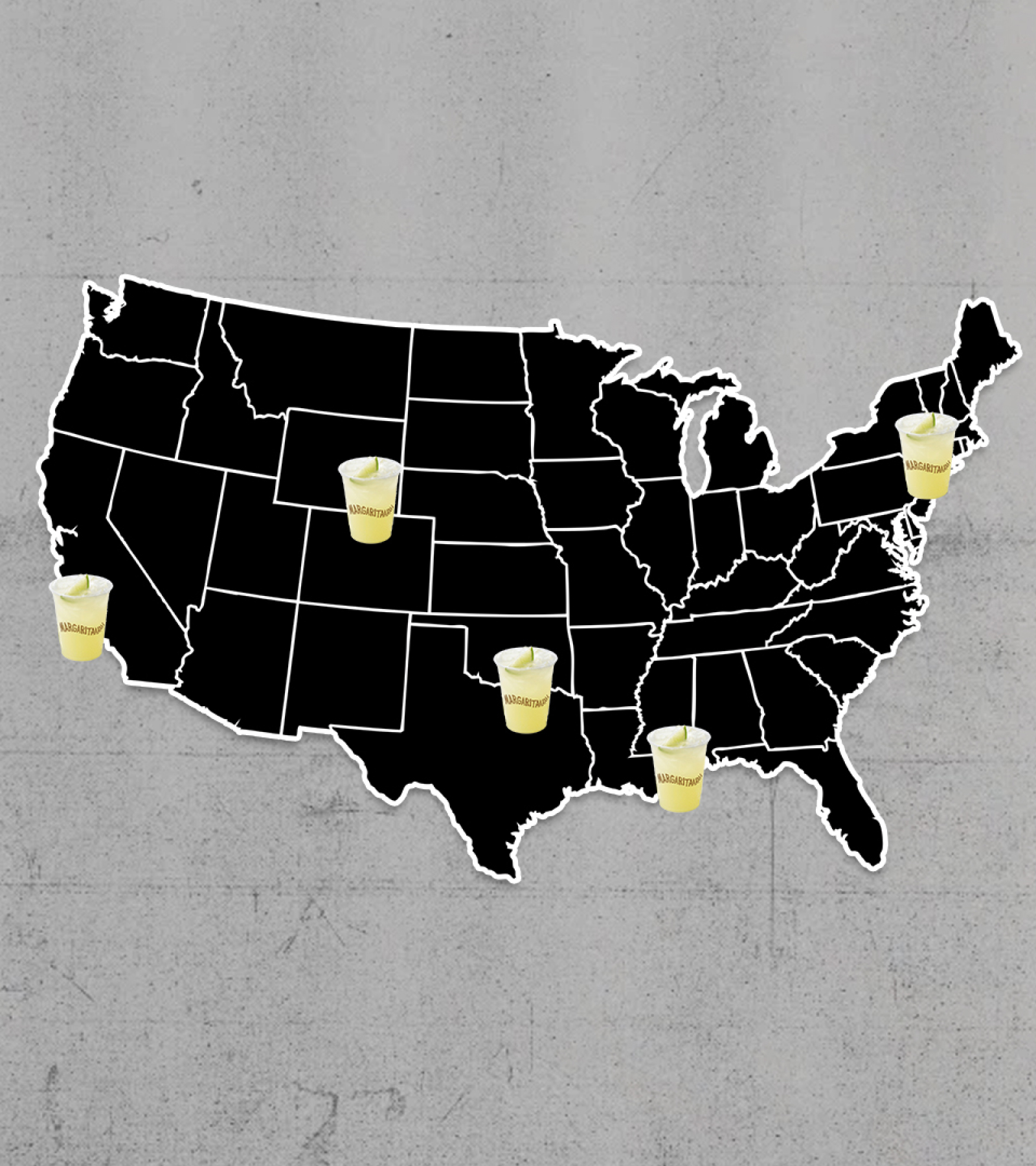 A map of the United States with Chipotle Margaritas marking the five Summon the Spirits Tour stops. (as noted in the text below).